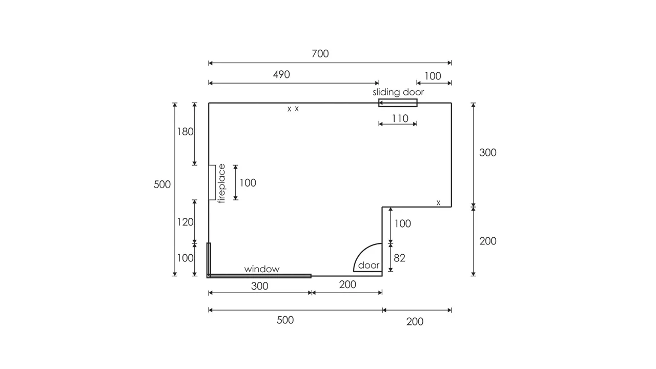 Measured floor plan drawing showing room dimensions, door and window positions, sliding door location and fireplace layout